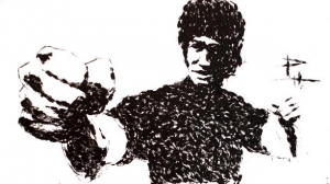 Artwork of Bruce Lee in black and white.