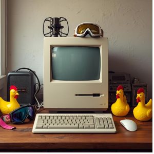 Retro Apple I computer on a wooden desk, surrounded by playful items like rubber chickens and ski goggles, symbolizing humor and genius together, photorealistic.